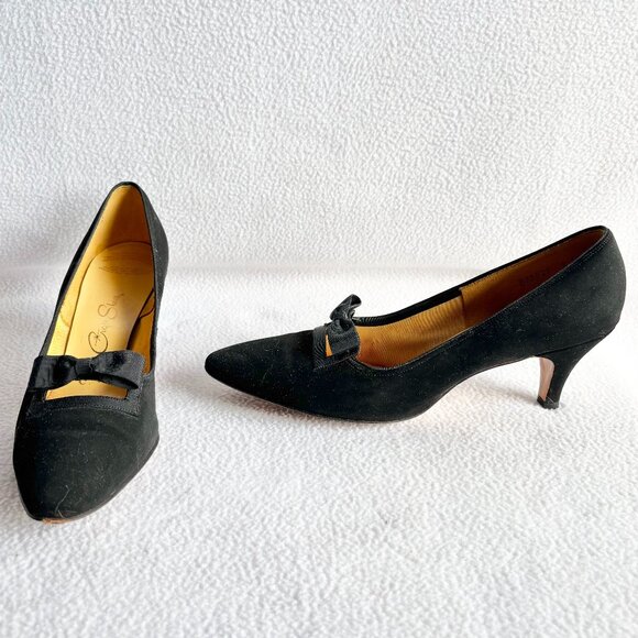 1950s 1960s Midcentury Black Bow Pumps 9AA - Picture 1 of 11